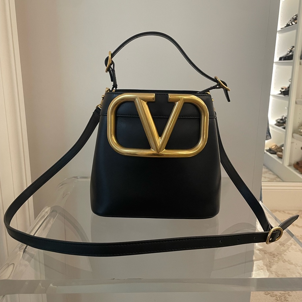 Valentino Black and Gold Bucket Bag Supervee  V Logo short long strap detachable